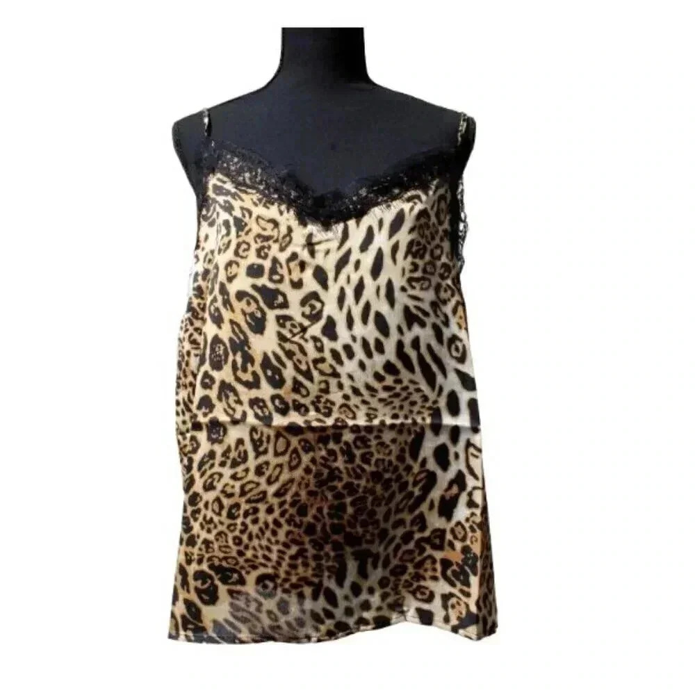 New Cheetah Print Silk Cami Animal Print Summer Tank Top W/ Lace - Lrg